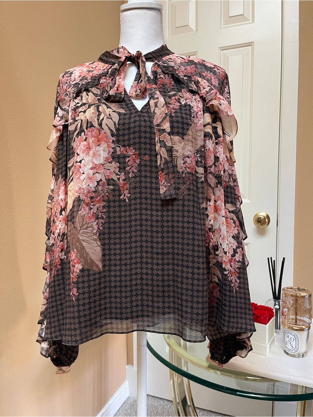 Zimmermann Illuminate Flutter Blouse Brown Floral Tie-Neck Ruffle AU 3 NEW $725